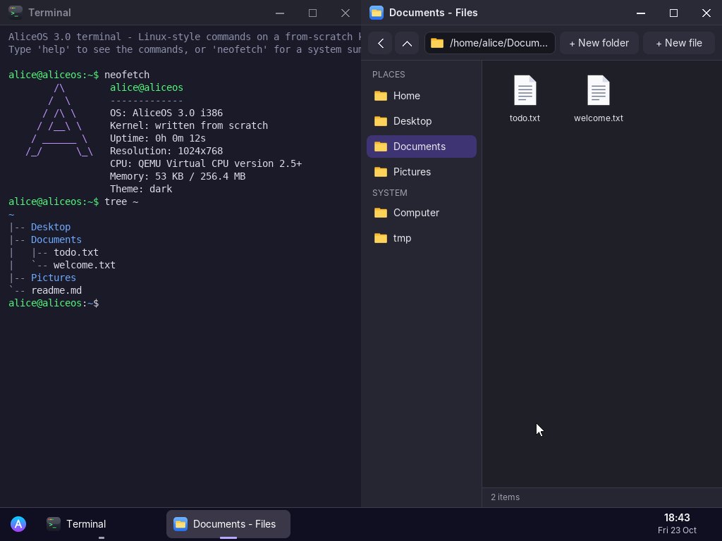 AliceOS desktop with a Linux-style terminal and a file explorer side by side, in dark mode